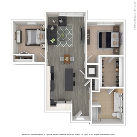 Floor plan for 2 beds, 1 bath, 861 sqft